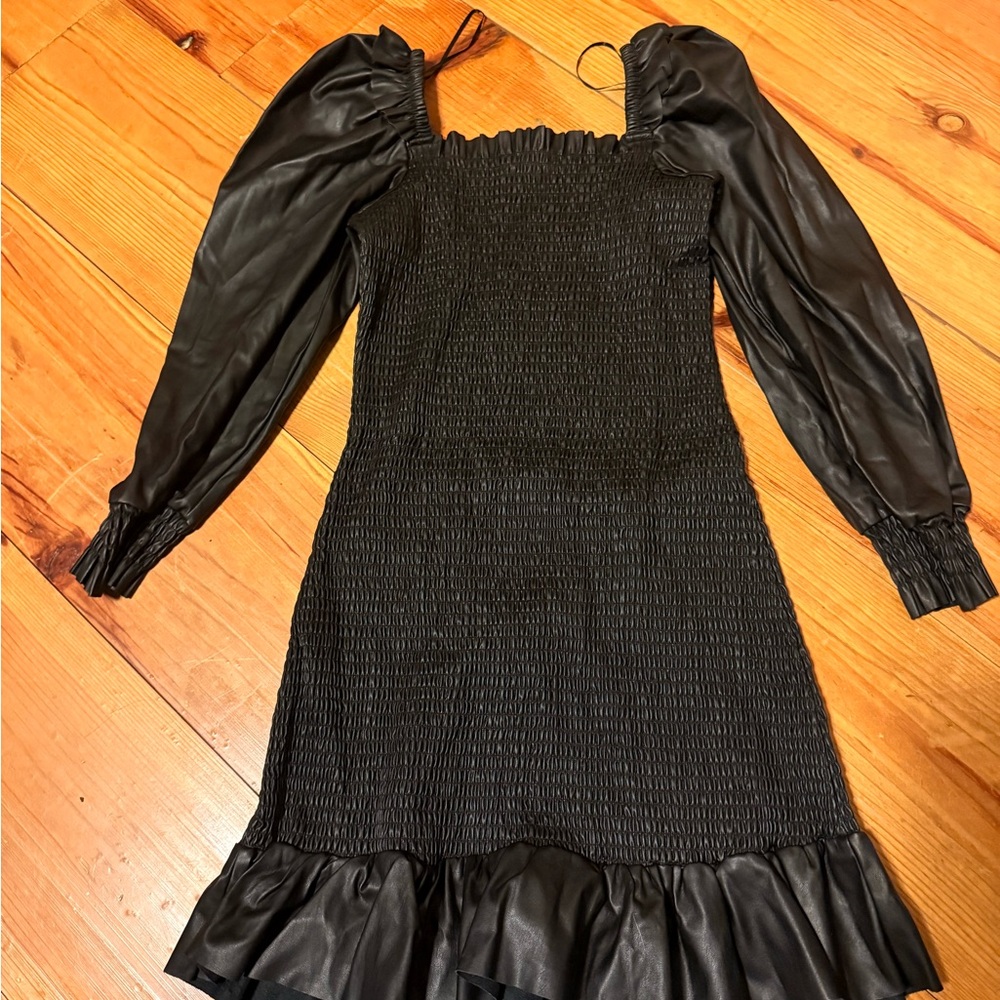 7 for all mankind Elegant Black Smocked Dress with Puff Sleeves